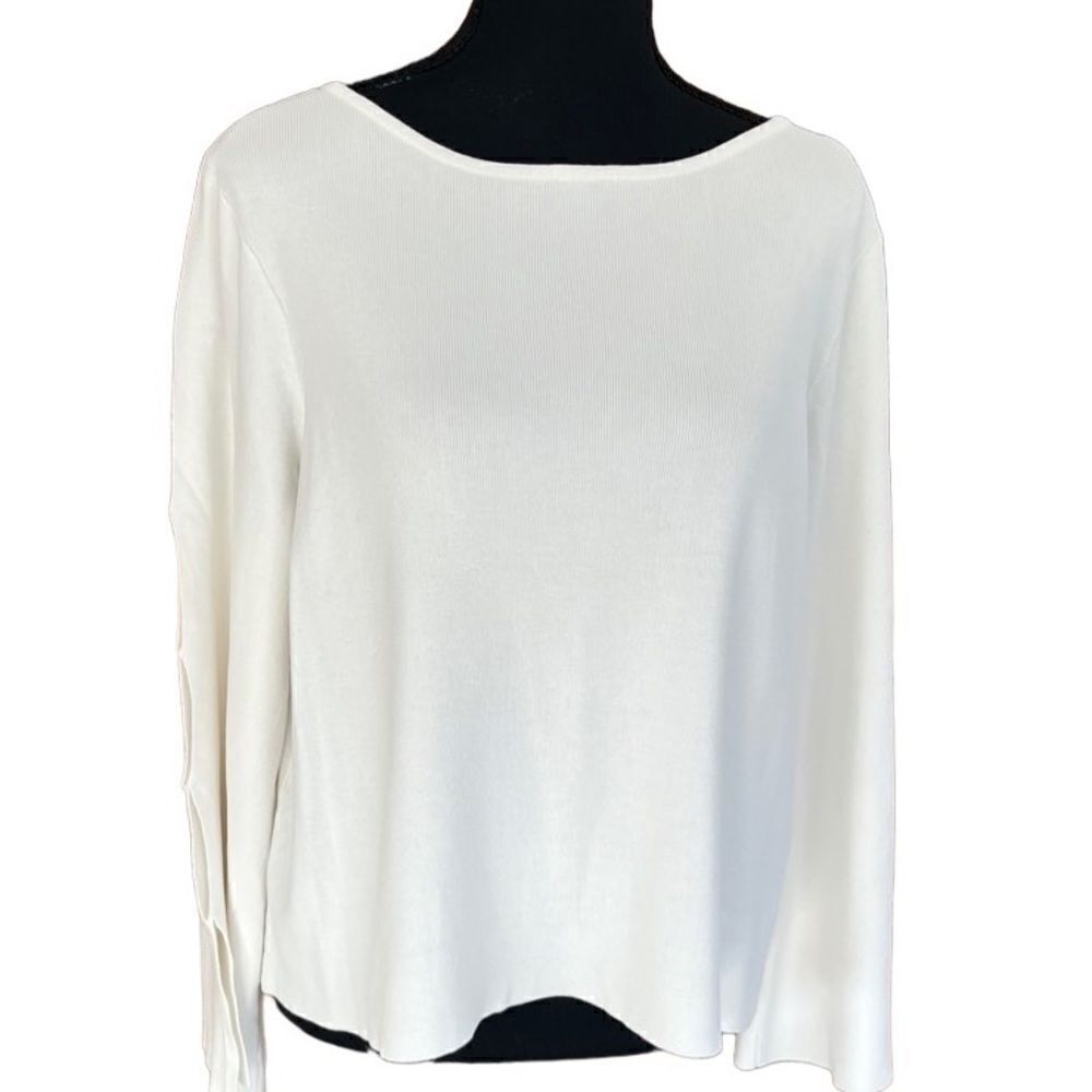 Milly white ribbed boxy style crew sweater with bell sleeves w/ cut outs size L